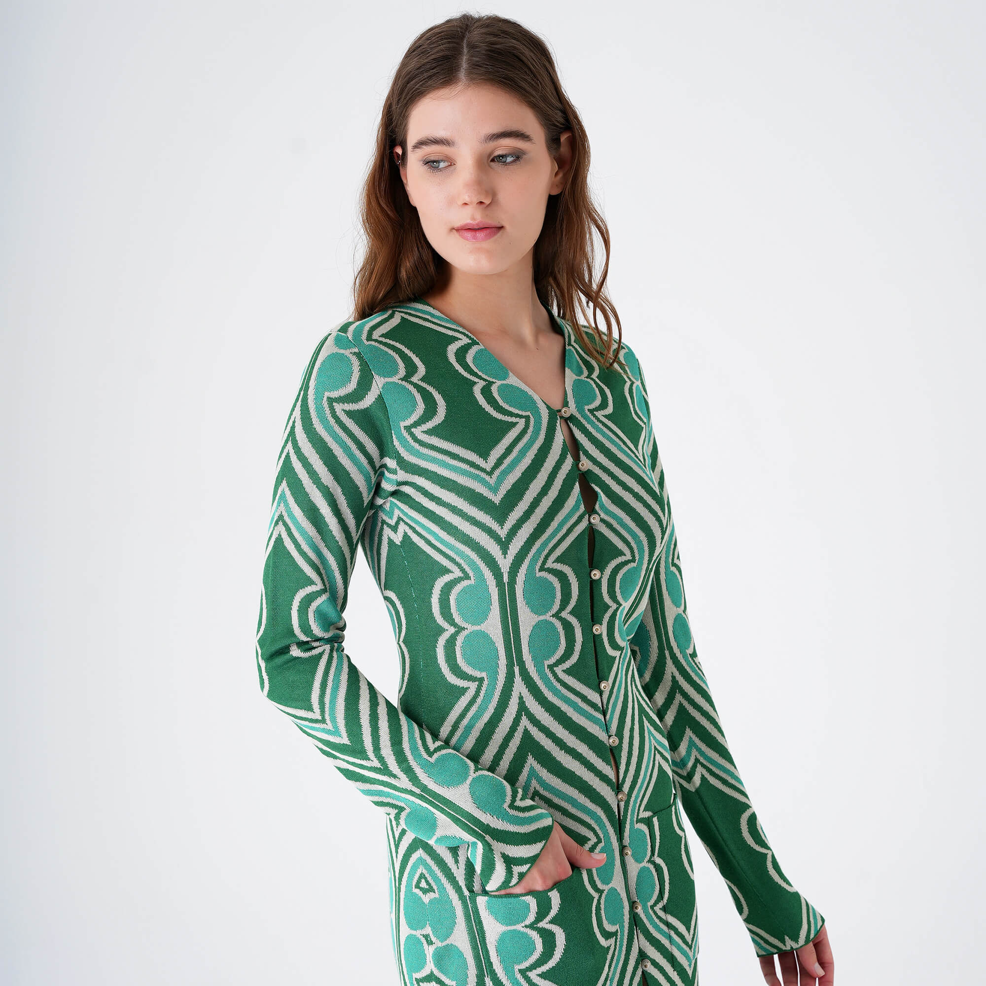 Etro - Green&White Viscose Knitted Kaftan Dress